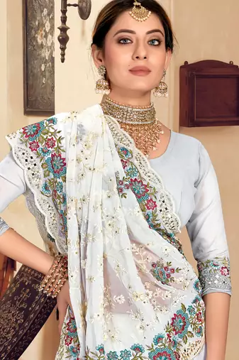 White sequin zari resham stone embroidered georgette designer saree for women