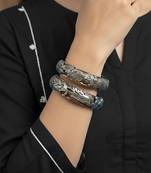 Nvr women's set of 2 oxidized silver plated peacock & floral design kada bangle