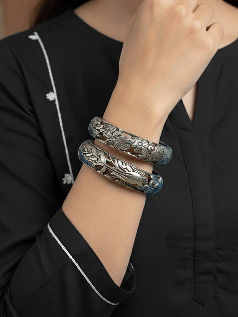 Nvr women's set of 2 oxidized silver plated peacock & floral design kada bangle