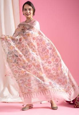 Women's pink viscose chanderi sequin stone embroidery v-neck kurta pant set with printed organza dupatta 3