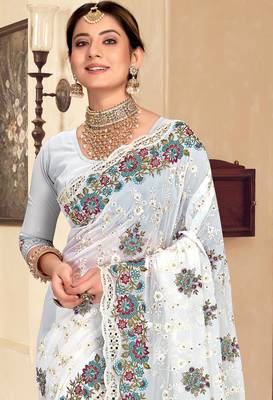 White sequin zari resham stone embroidered georgette designer saree for women 3
