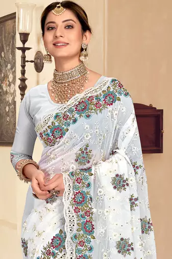 White sequin zari resham stone embroidered georgette designer saree for women