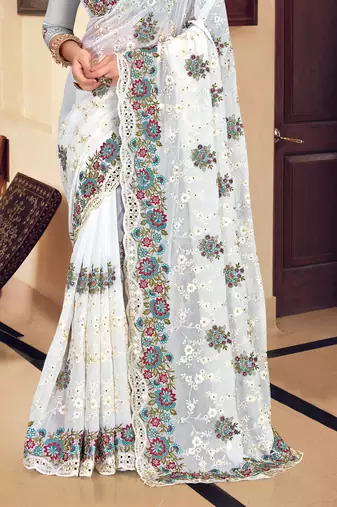 White sequin zari resham stone embroidered georgette designer saree for women