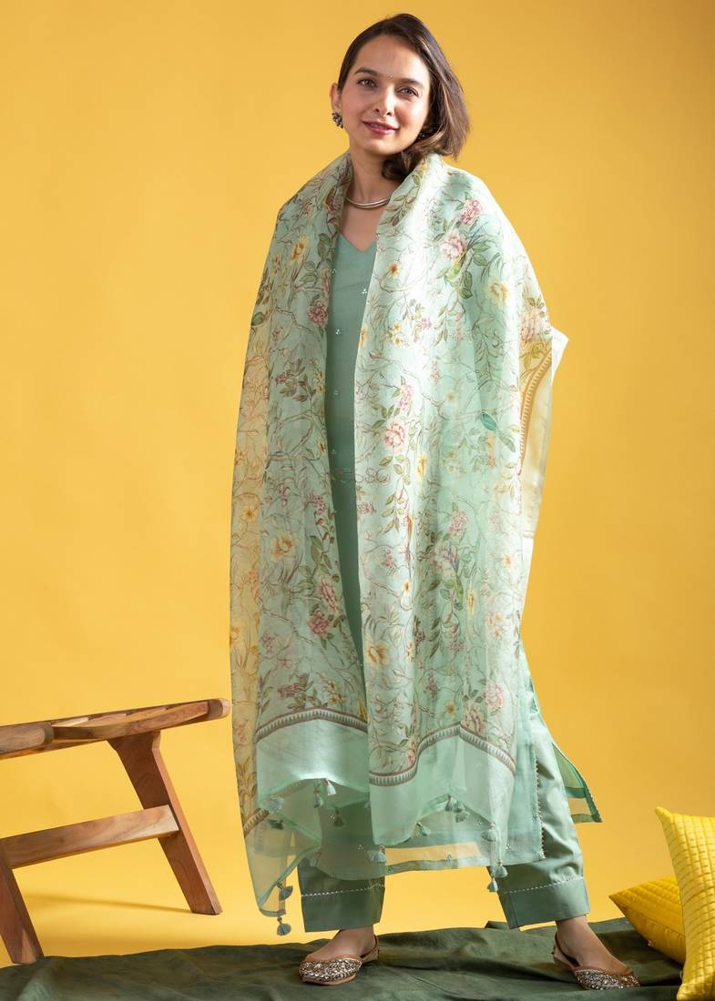 Women's olive green viscose chanderi sequin stone embroidered v-neck kurta pant set with organza dupatta