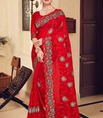 Red sequin zari resham stone embroidered georgette designer saree for women