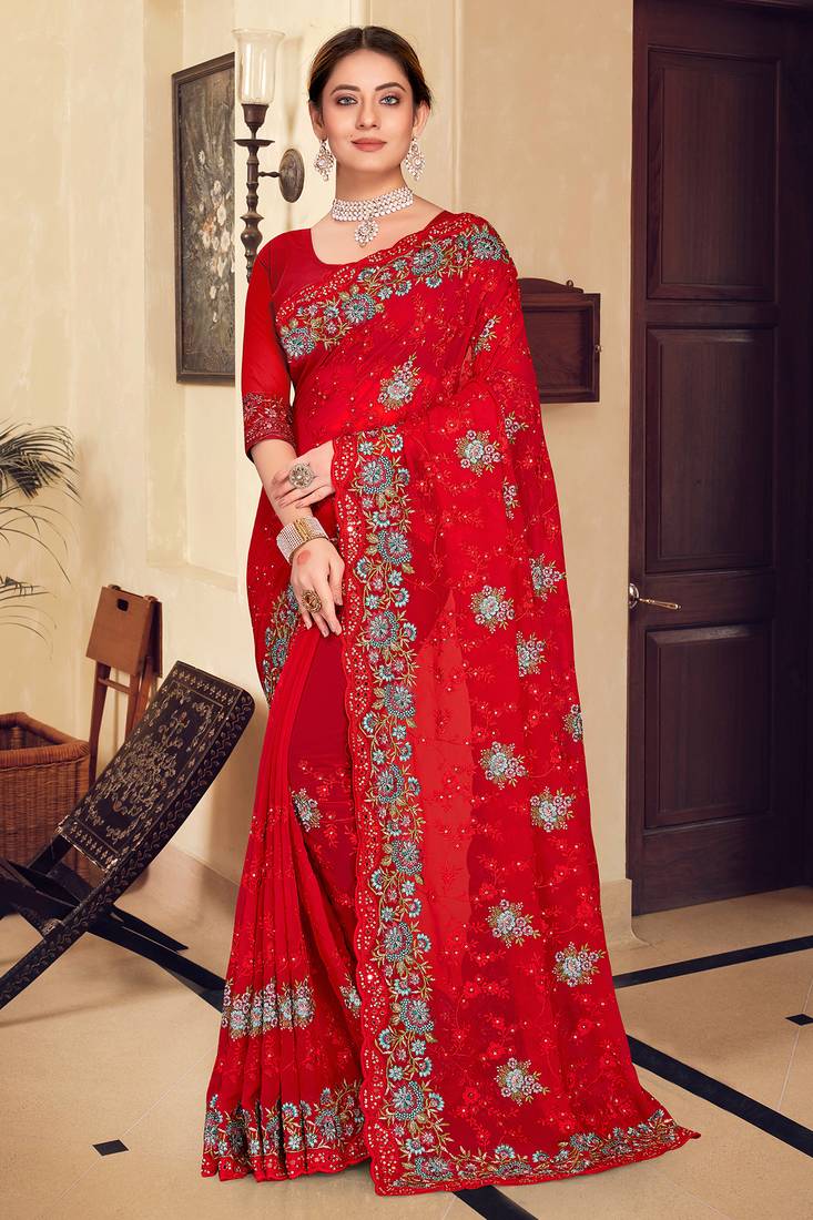 Red sequin zari resham stone embroidered georgette designer saree for women