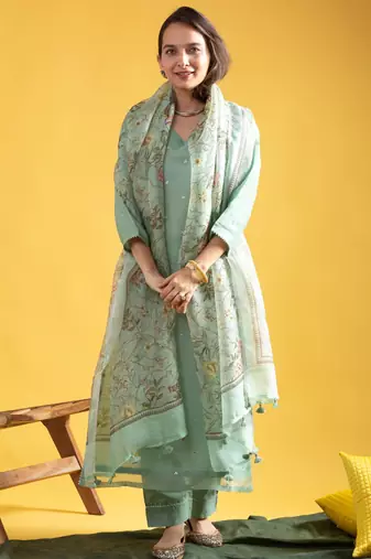 Women's olive green viscose chanderi sequin stone embroidered v-neck kurta pant set with organza dupatta