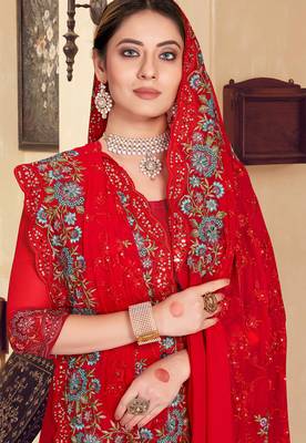 Red sequin zari resham stone embroidered georgette designer saree for women 2