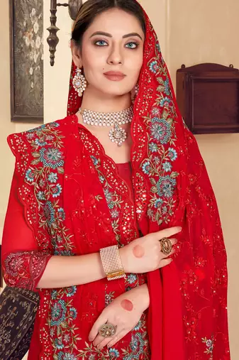 Red sequin zari resham stone embroidered georgette designer saree for women