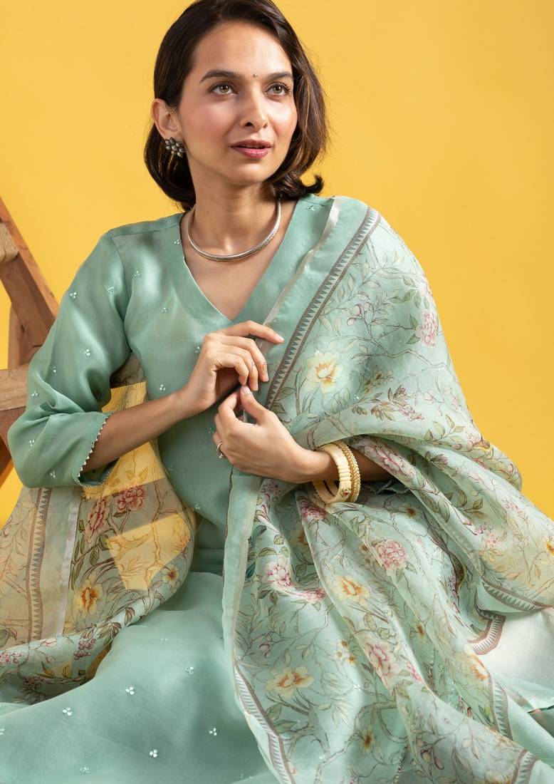 Women's olive green viscose chanderi sequin stone embroidered v-neck kurta pant set with organza dupatta