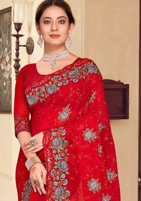 Red sequin zari resham stone embroidered georgette designer saree for women 3
