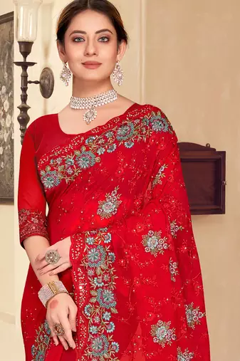 Red sequin zari resham stone embroidered georgette designer saree for women