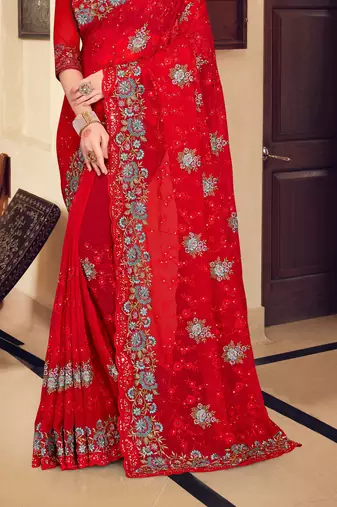 Red sequin zari resham stone embroidered georgette designer saree for women