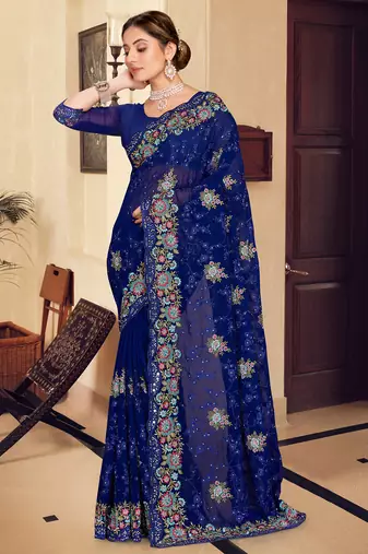 Navy blue sequin zari resham stone embroidered georgette designer saree for women