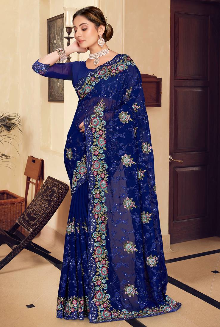 Navy blue sequin zari resham stone embroidered georgette designer saree for women