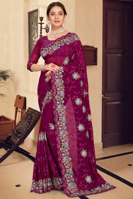 Wine sequin zari resham stone embroidered georgette designer saree for women 1