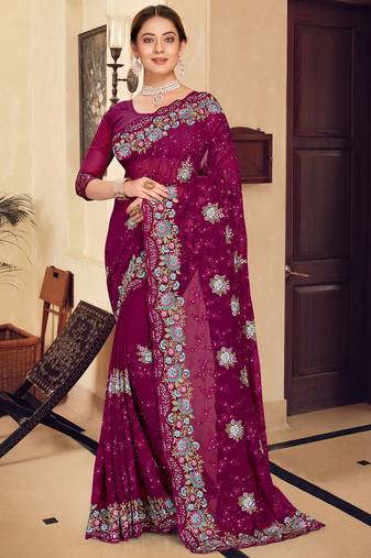 Wine sequin zari resham stone embroidered georgette designer saree for women
