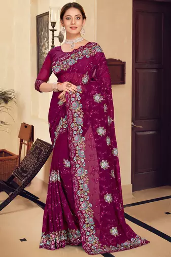 Wine sequin zari resham stone embroidered georgette designer saree for women