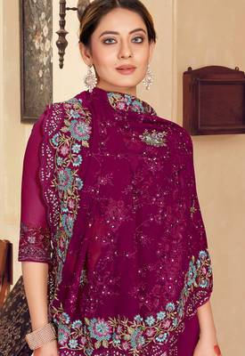 Wine sequin zari resham stone embroidered georgette designer saree for women 2