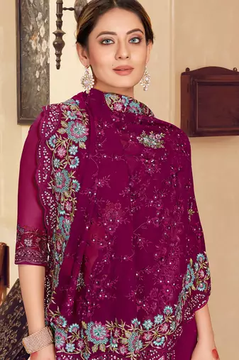 Wine sequin zari resham stone embroidered georgette designer saree for women