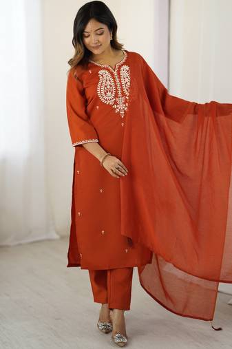 Women's orange chanderi silk sequin embroidered kurta pant set with chanderi cotton dupatta