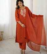 Women's orange chanderi silk sequin embroidered kurta pant set with chanderi cotton dupatta