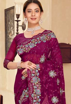 Wine sequin zari resham stone embroidered georgette designer saree for women 3