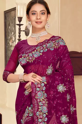 Wine sequin zari resham stone embroidered georgette designer saree for women