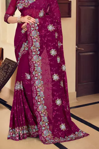 Wine sequin zari resham stone embroidered georgette designer saree for women