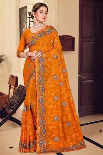 Mustard sequin zari resham stone embroidered georgette designer saree for women
