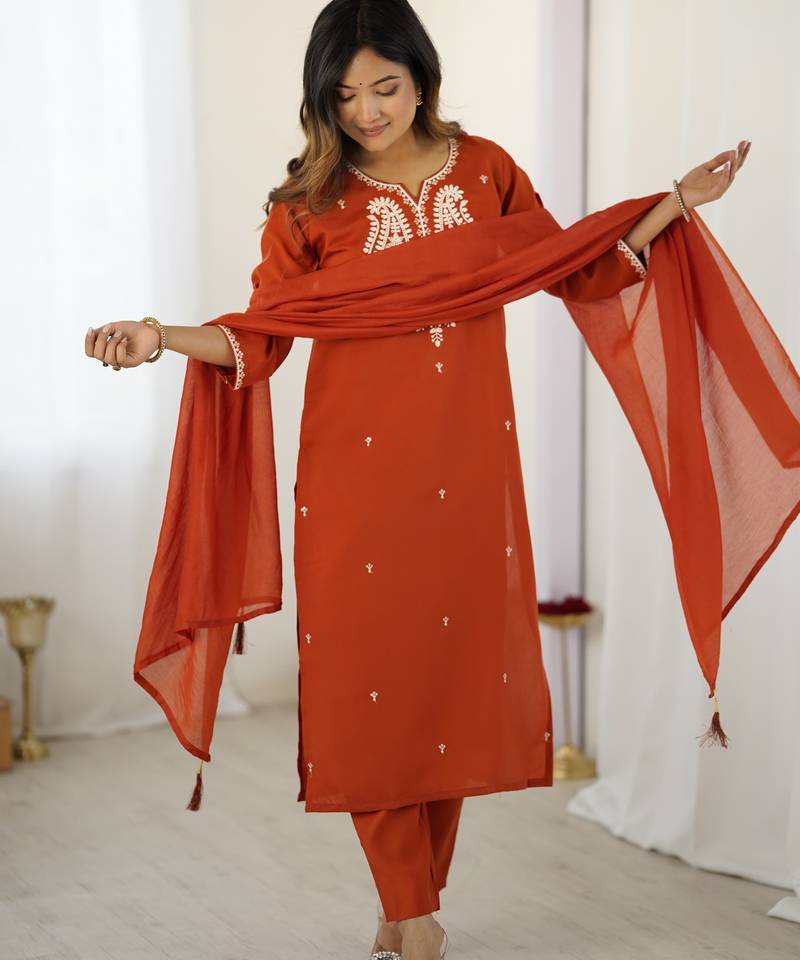 Women's orange chanderi silk sequin embroidered kurta pant set with chanderi cotton dupatta