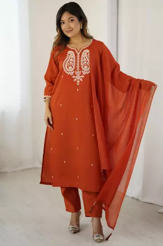 Women's orange chanderi silk sequin embroidered kurta pant set with chanderi cotton dupatta
