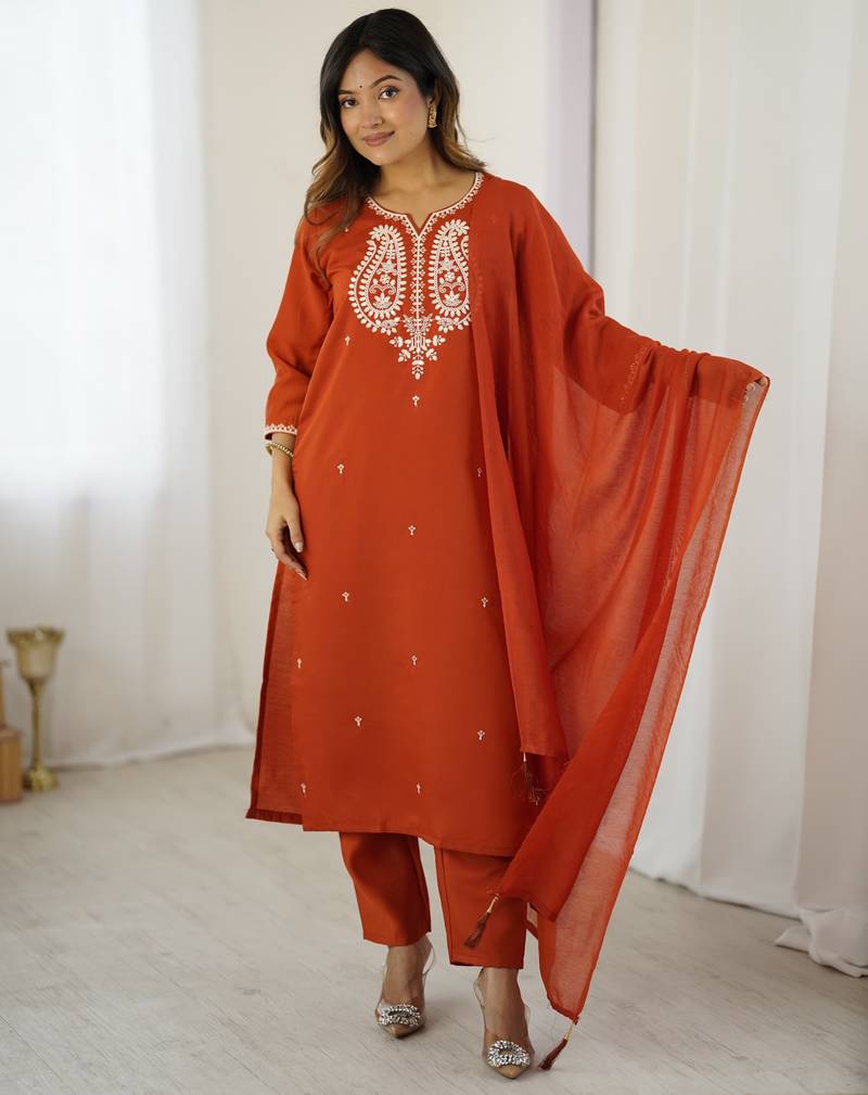 Women's orange chanderi silk sequin embroidered kurta pant set with chanderi cotton dupatta