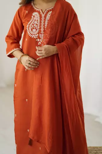 Women's orange chanderi silk sequin embroidered kurta pant set with chanderi cotton dupatta