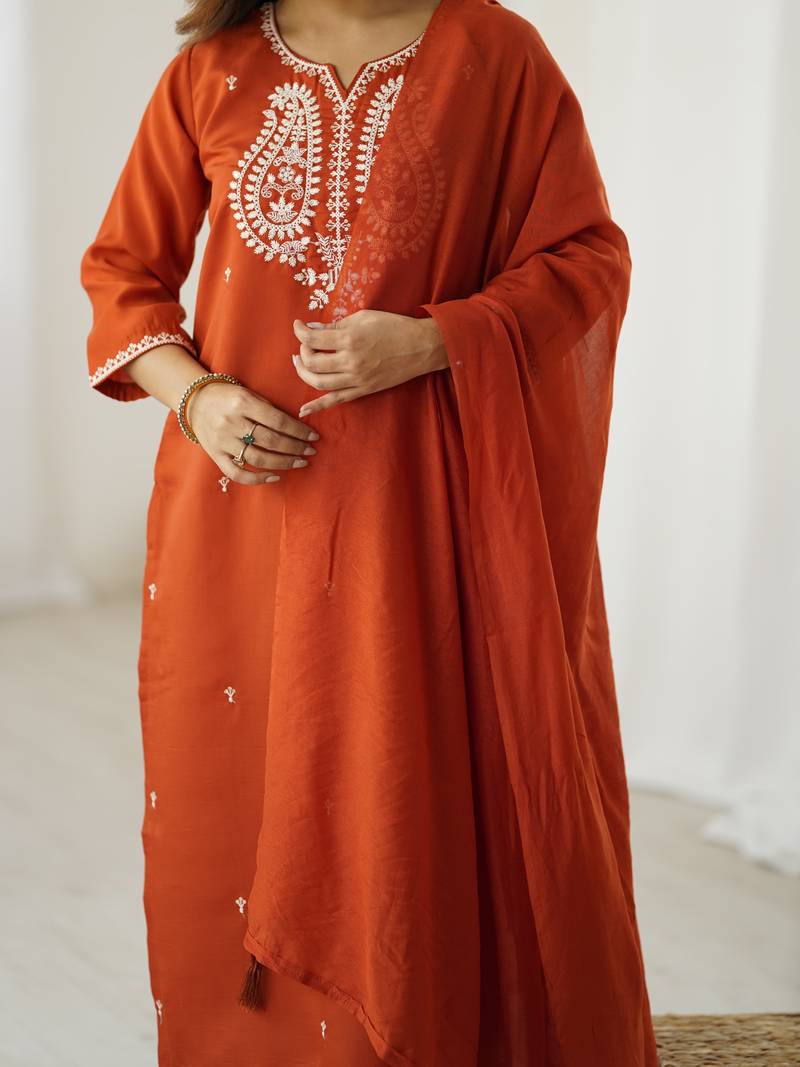 Women's orange chanderi silk sequin embroidered kurta pant set with chanderi cotton dupatta
