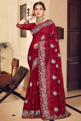 Maroon sequin zari resham stone embroidered georgette designer saree for women 1