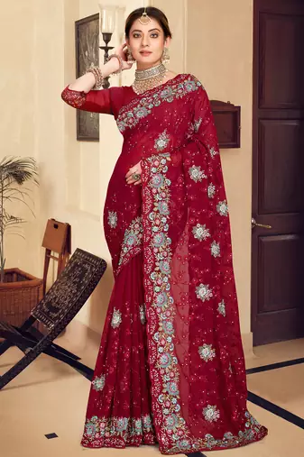 Maroon sequin zari resham stone embroidered georgette designer saree for women