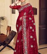Maroon sequin zari resham stone embroidered georgette designer saree for women
