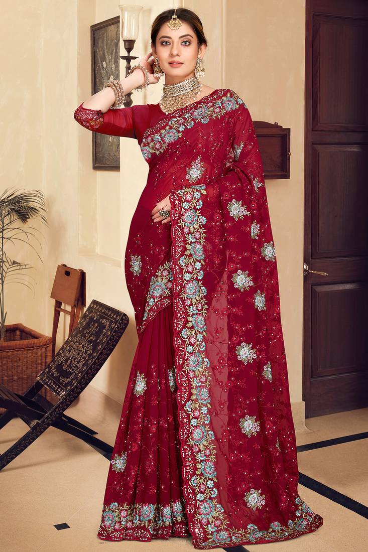 Maroon sequin zari resham stone embroidered georgette designer saree for women