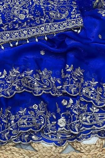 Royal  Blue Color Embroidery sequence work heavy border Satin Saree