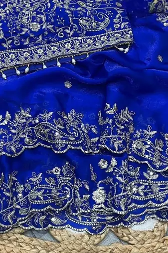 Royal  Blue Color Embroidery sequence work heavy border Satin Saree