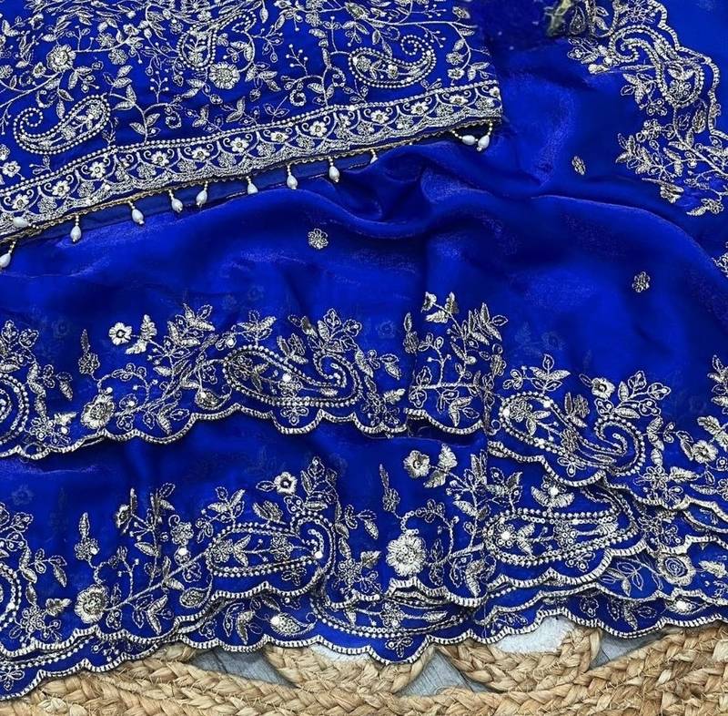 Royal  Blue Color Embroidery sequence work heavy border Satin Saree