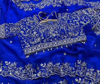 Royal  Blue Color Embroidery sequence work heavy border Satin Saree 2