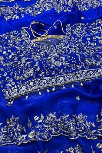Royal  Blue Color Embroidery sequence work heavy border Satin Saree