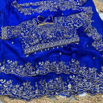 Royal  Blue Color Embroidery sequence work heavy border Satin Saree 3