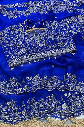 Royal  Blue Color Embroidery sequence work heavy border Satin Saree