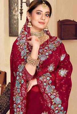 Maroon sequin zari resham stone embroidered georgette designer saree for women 2