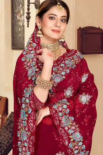 Maroon sequin zari resham stone embroidered georgette designer saree for women