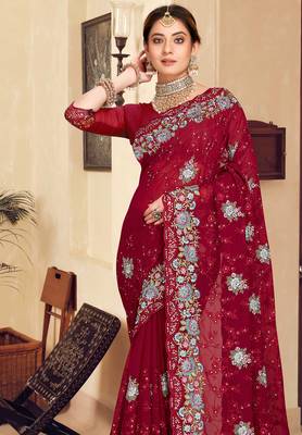 Maroon sequin zari resham stone embroidered georgette designer saree for women 3