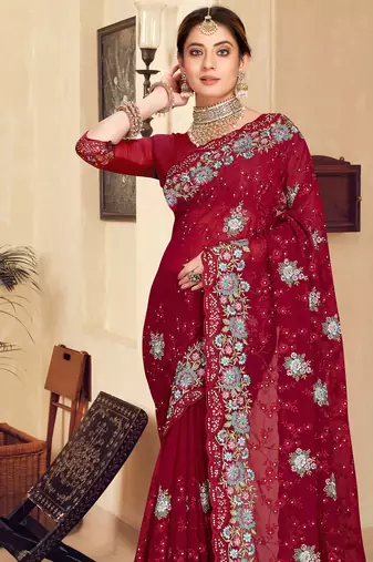 Maroon sequin zari resham stone embroidered georgette designer saree for women
